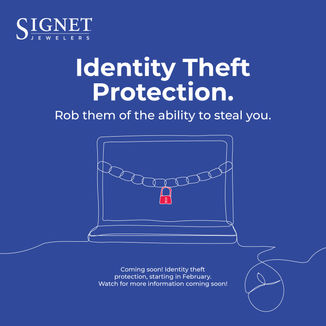 A social media graphic with a blue background and an illustration of a laptop. The graphic tells Signet team members about their options for identity theft protection.