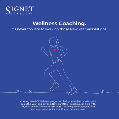A social media graphic with a blue background and an illustration of a person running. The graphic tells Signet team members about their options for wellness coaching.