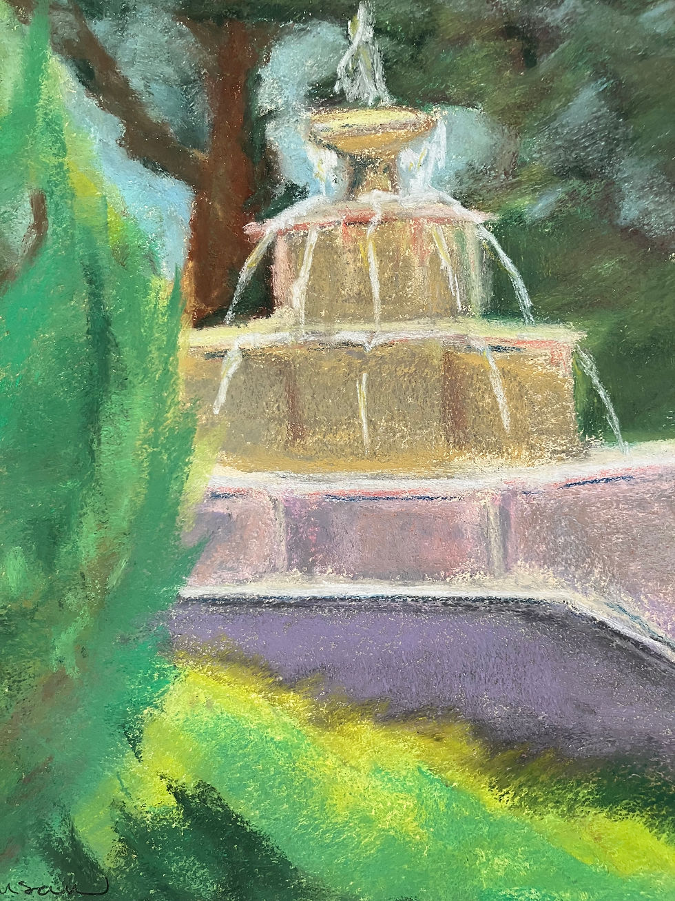 "Fountain in St. Francis Wood, San Francisco" (chalk pastel)