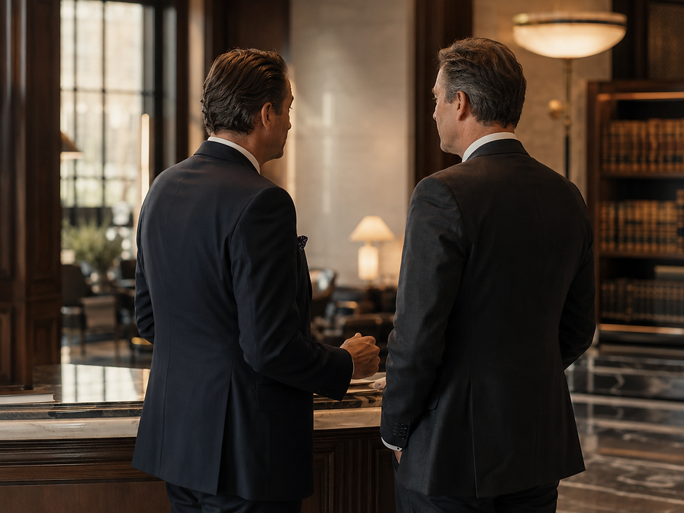 Zwei Banker im Halbprofil bei einem vertraulichen Gespräch in der Lobby einer traditionellen Privatbank