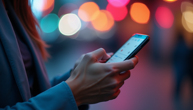 Eye-level view of a person scrolling through a colorful social media feed on a smartphone