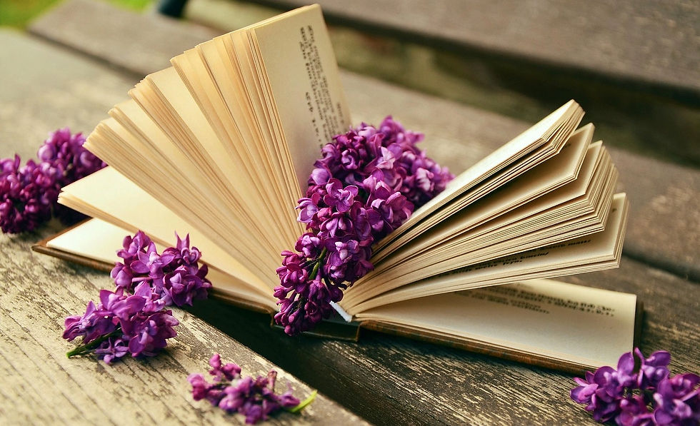 Livre ouvert en éventail entouré de fleurs de lilas roses, symbole de suivi thérapeutique, prescriptions de tâches et progression personnelle.