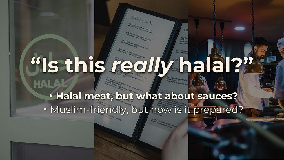 A Muslim traveler feeling uncertain about menu ingredients and kitchen practices at a restaurant labeled halal in Japan
