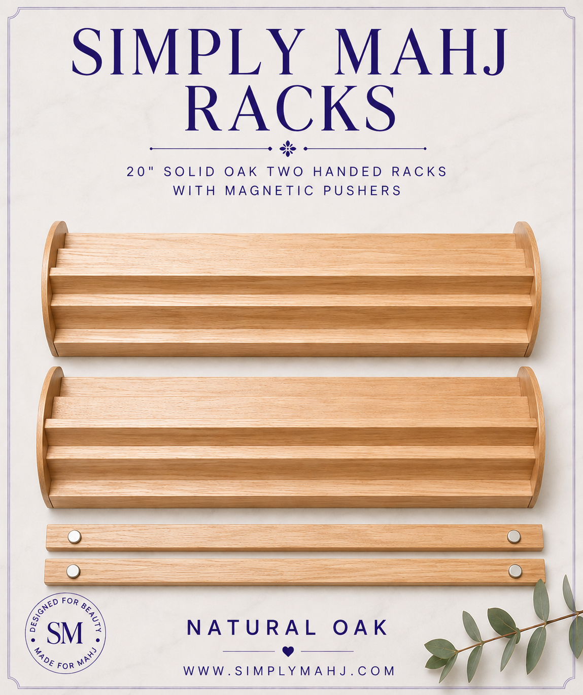Natural Oak - 20" Wooden Two Handed Mahjong Racks with Magnetic Pushers