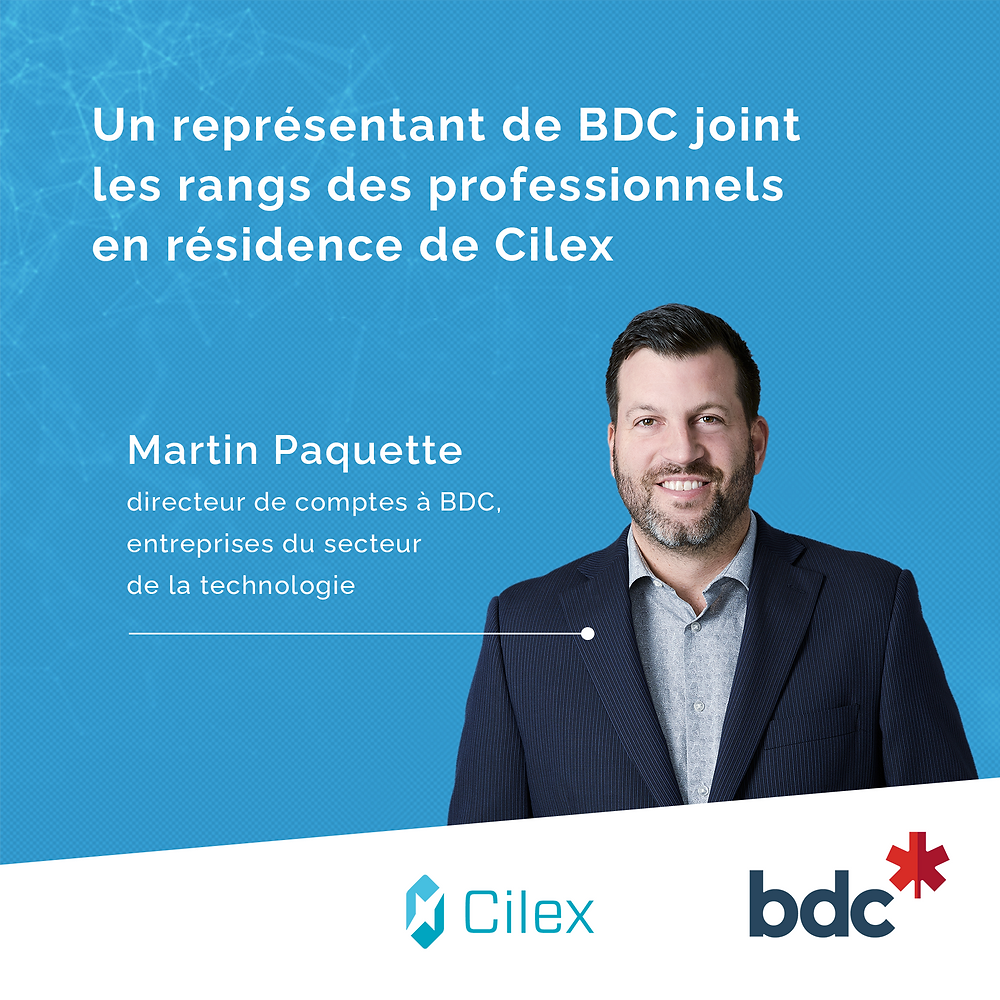 Portrait de Martin Paquette, homme d'âge mûr portant un veston, visage souriant, sur fond bleu couleur Cilex. Titre de l'article en haut de sa tête, logos de Cilex et BDC en bas de l'image.