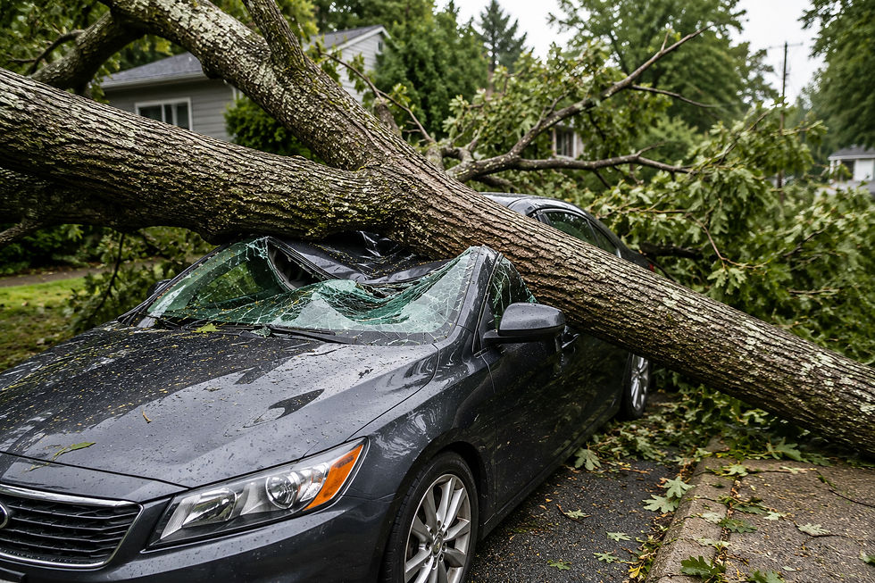 Large tree crushed a parked vehicle after a severe storm, illustrating how weather damage and comprehensive auto insurance claims can increase car insurance costs.