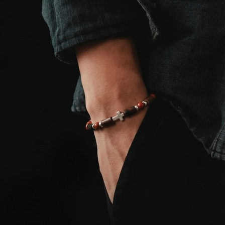 Thumbnail: CROSS SILVER 925 Bracelet Red jasper stone 4mm