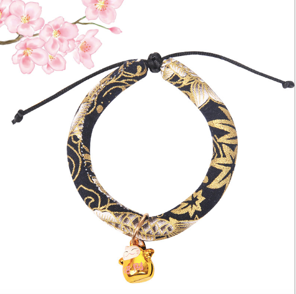 Thumbnail: Japanese Chirimen Style Fabric Collar with Luck Bell