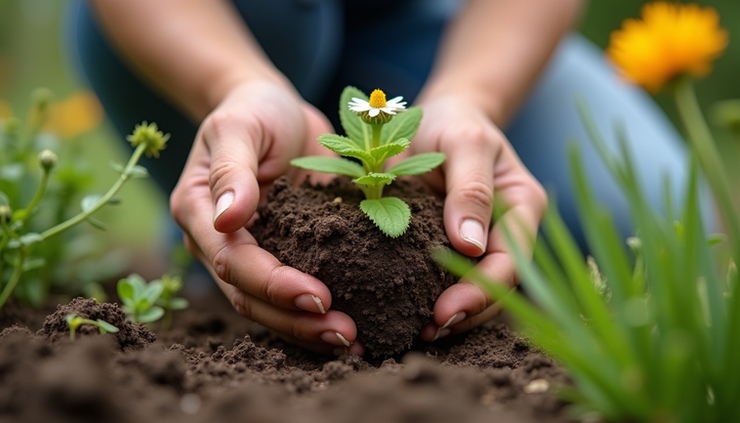 Close-up view of hands planting native wildflowers in a community garden