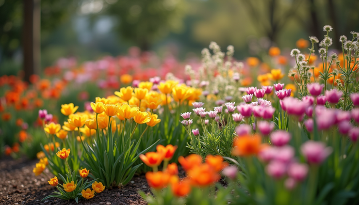 Eye-level view of a garden bed with a variety of flowering plants blooming in different colors