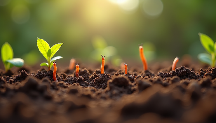 Eye-level view of garden soil with granular texture caused by jumping worms