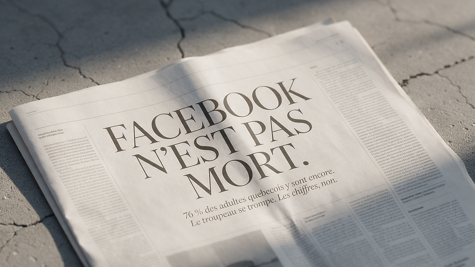 Journal ouvert sur le béton avec le titre FACEBOOK N'EST PAS MORT, illustration des réseaux sociaux au Québec