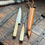 Thumbnail: Two pronged fork cutlery set bone handle leather sheath