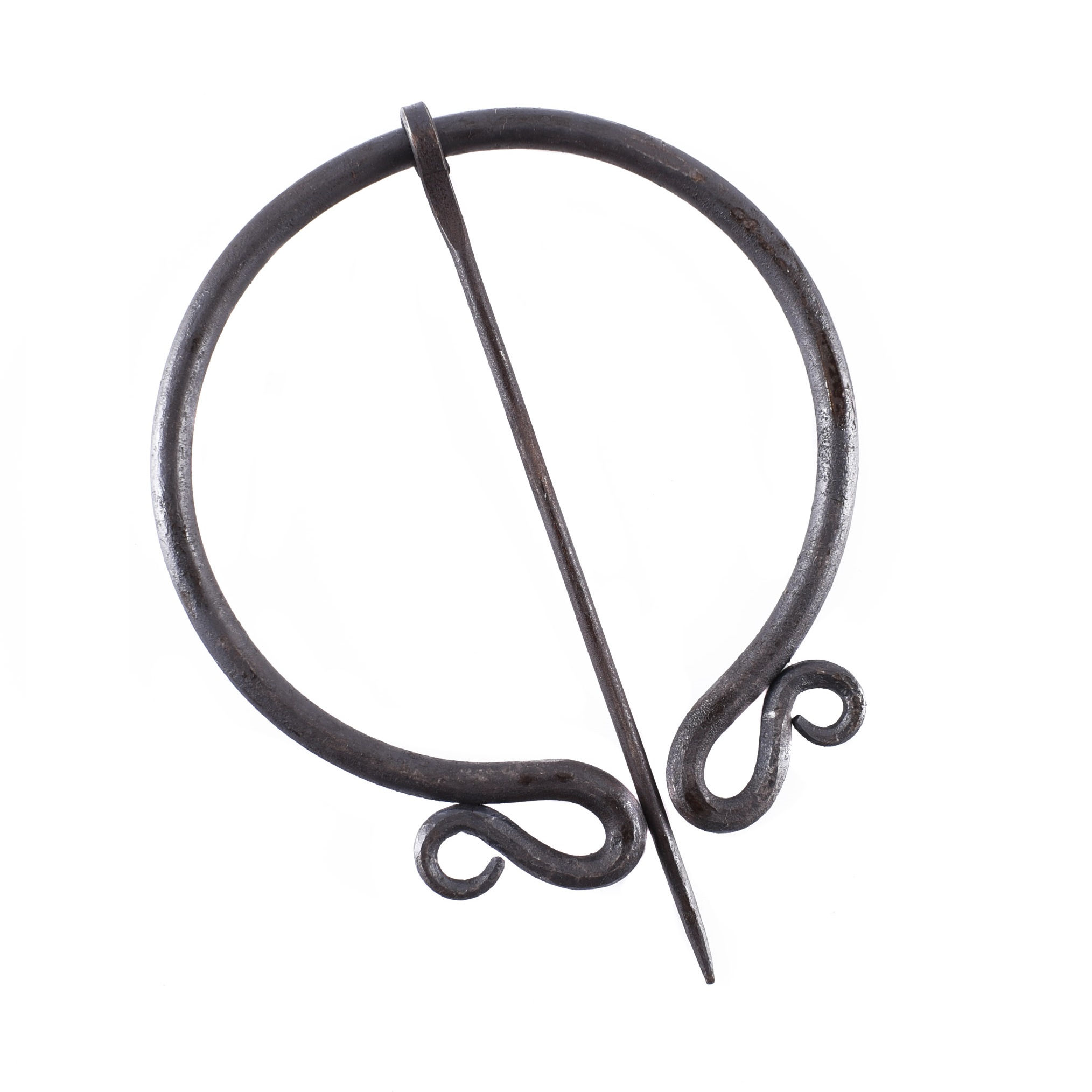 Ring brooch with double coiled ornamental design at the opposite ends of the clasp.