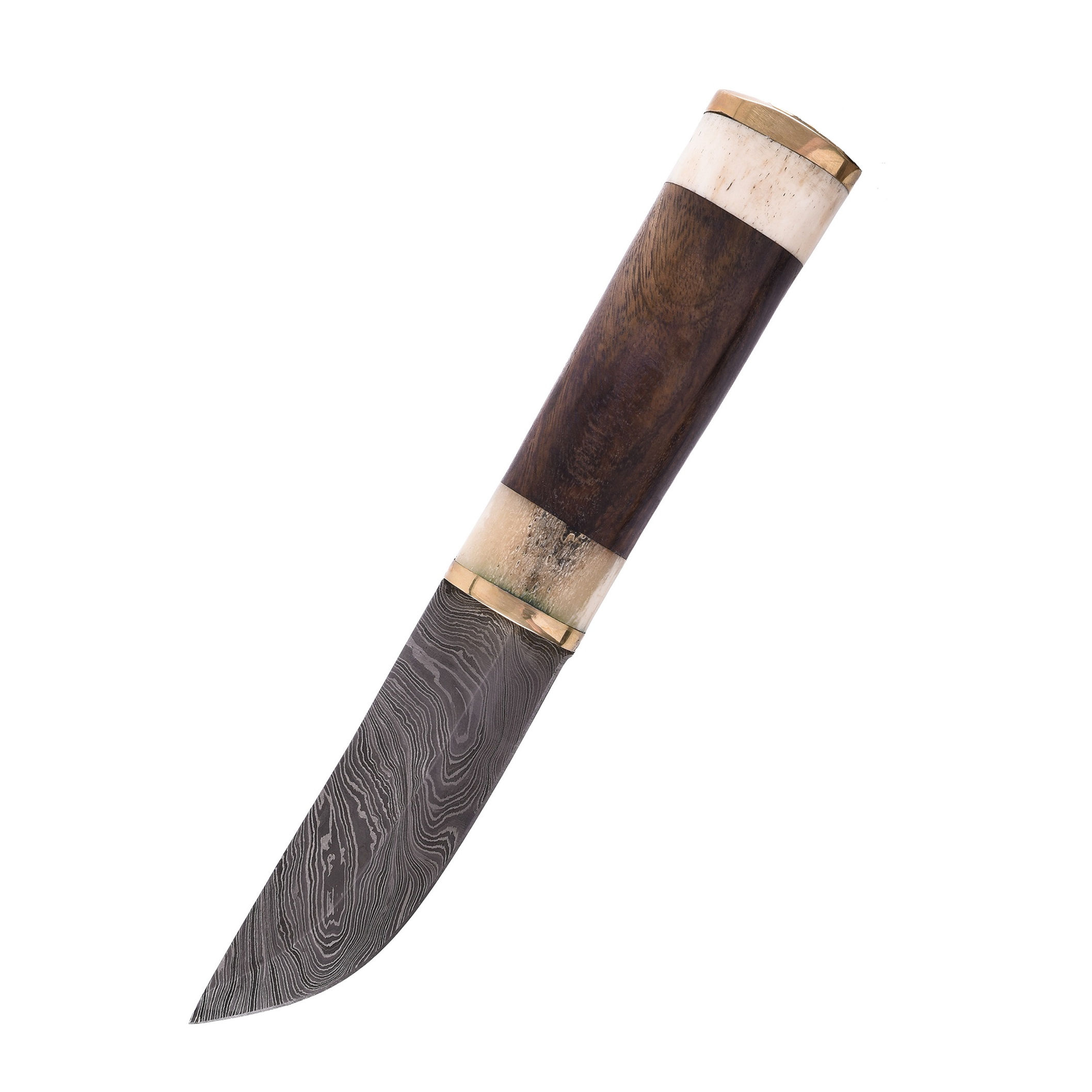 Nice utility knife with sharpened Damascus steel blade (twist design) and bone and rosewood handle.