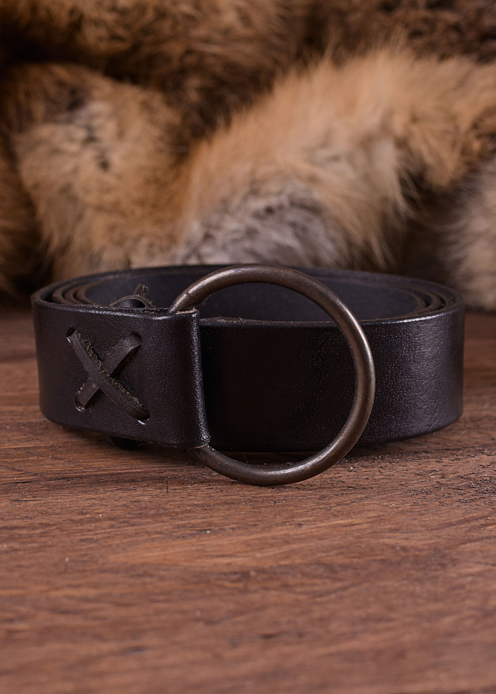 Thumbnail: Medieval Leather Belt with Brass Ring 190cm Black