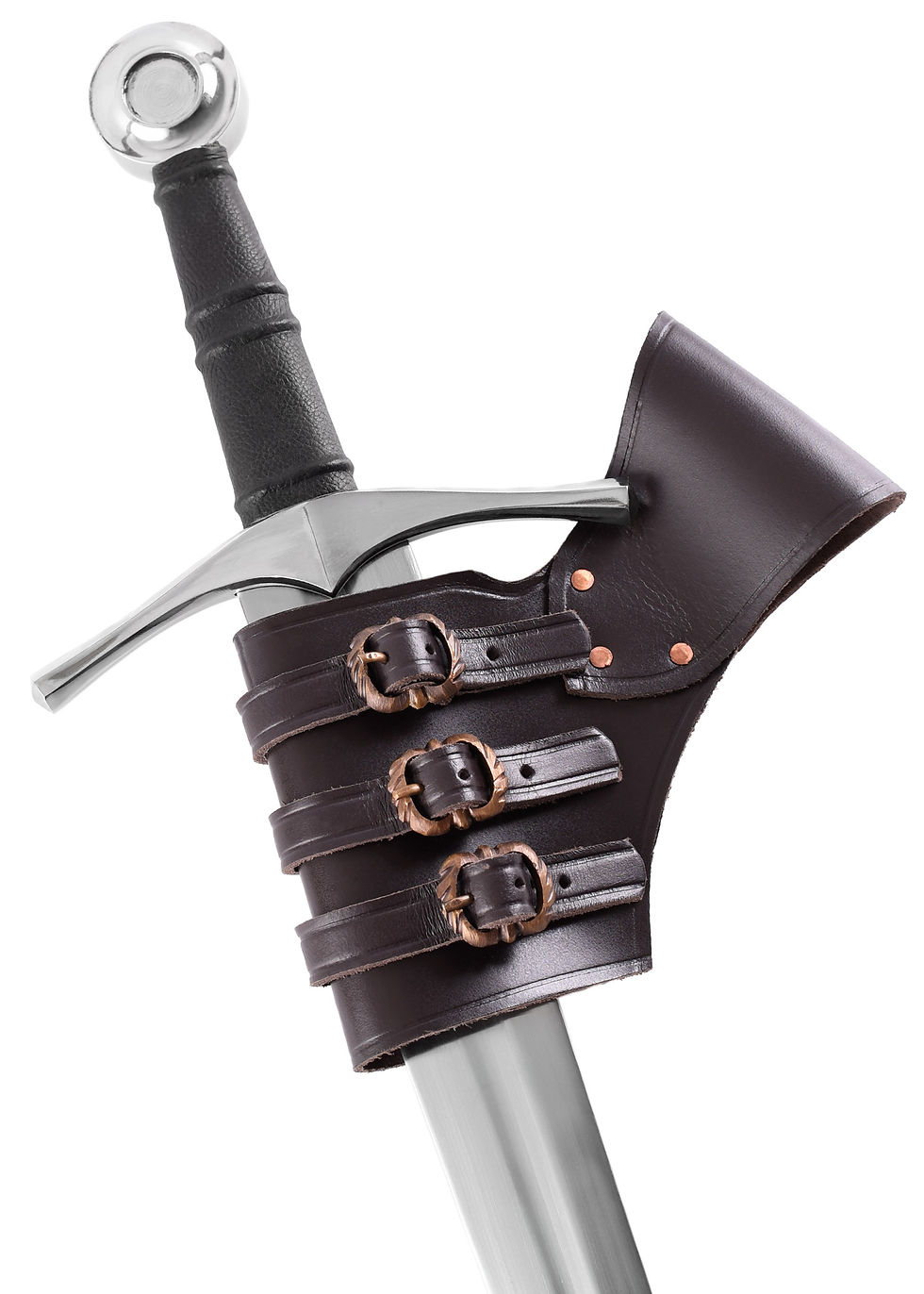Thumbnail: This frog from leather suits very well to wear at a belt. By means of the three riveted straps with authentic brass- buckles