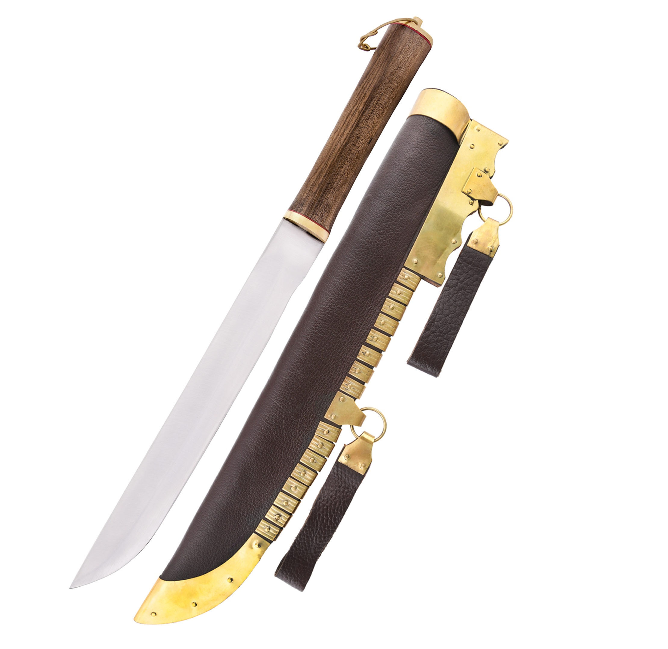 This beautiful replica of an early medieval seax knife comes with a matching leather scabbard adorned with characteristic bra