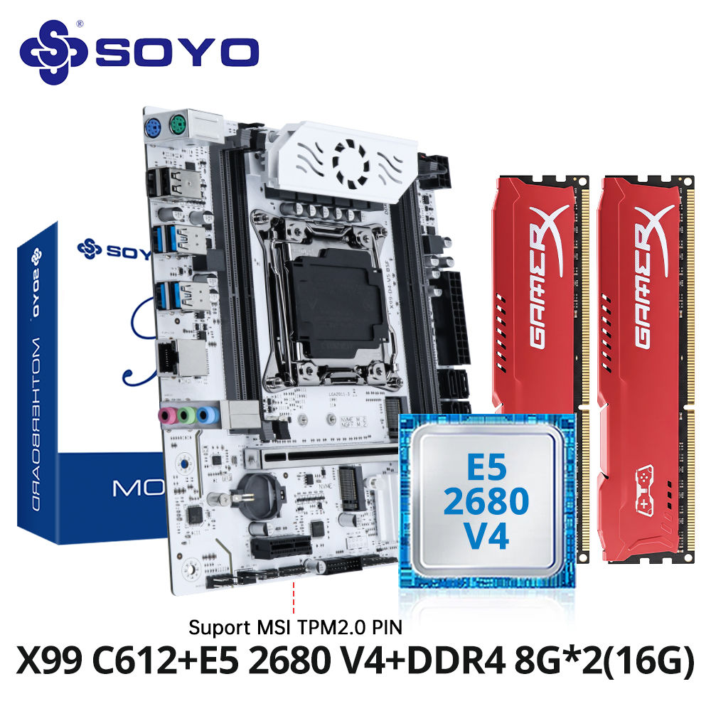 SOYO X99 Gamer Motherboard Conjunto C612 Chipset TPM2.0 Pin Com E5 2680 V4 CPU