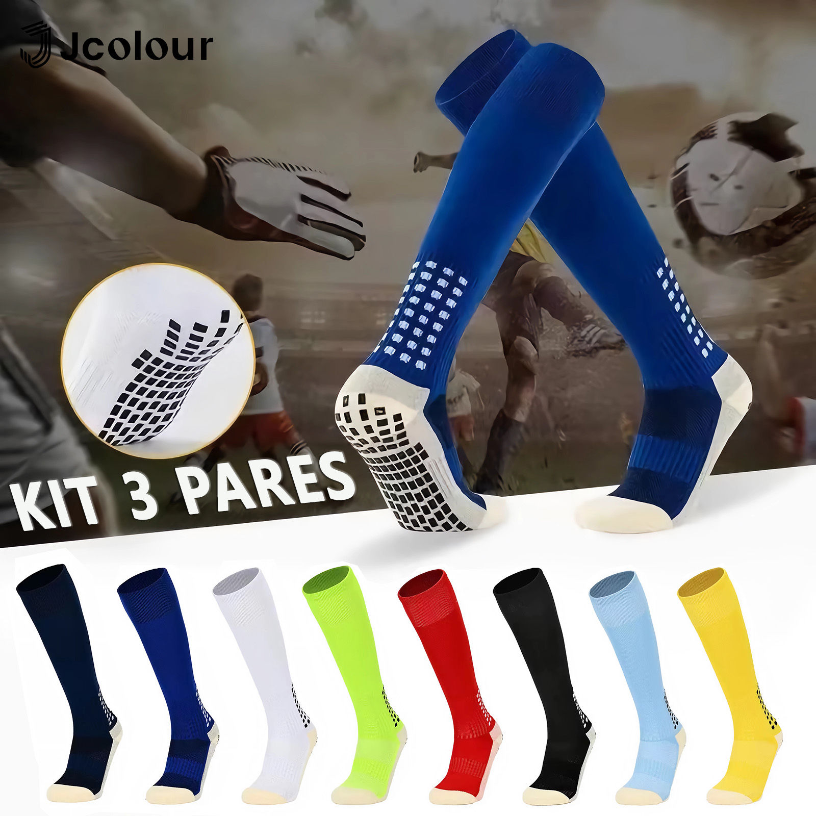 3-Pair Kit Long Non-Slip Football Socks Com Grip - Towel Reinforcement e Prot