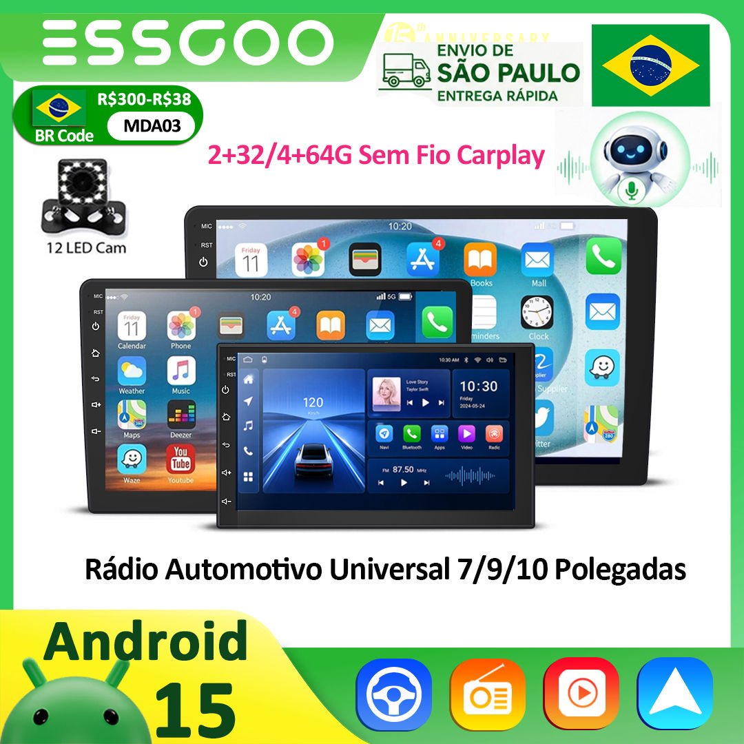 ESSGOO Car Radio Android 15 Carplay Auto Multimedia Video 7/9/10'' Universal Ste