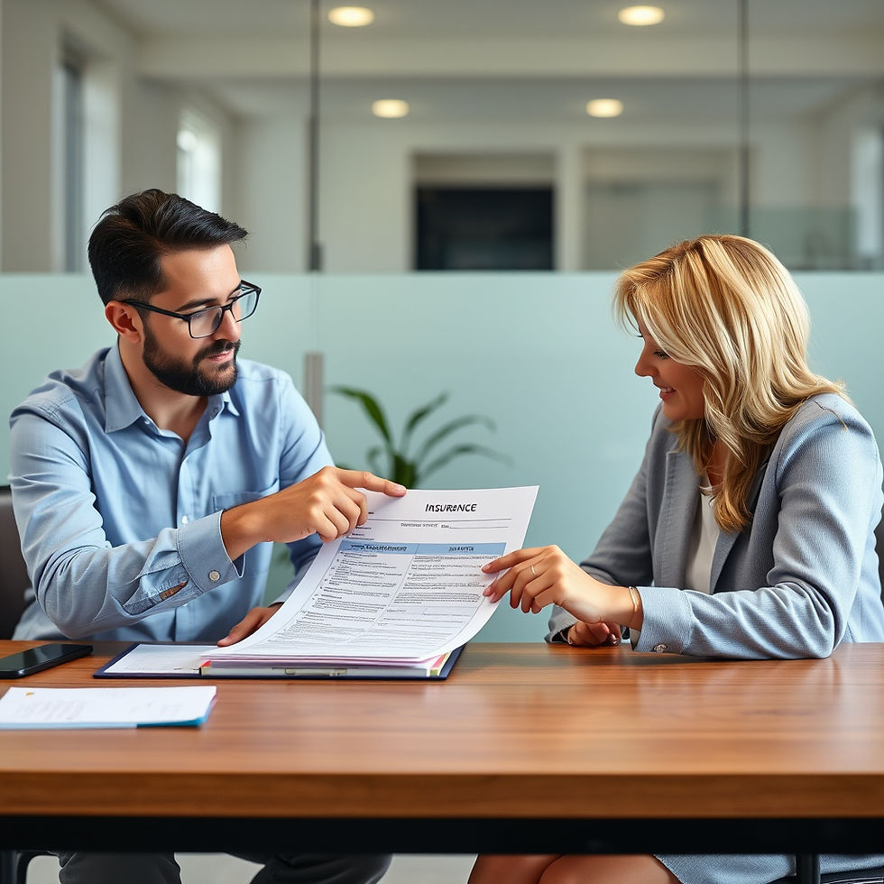 A picture of two people sitting at a desk and going over an insurance document with one pe