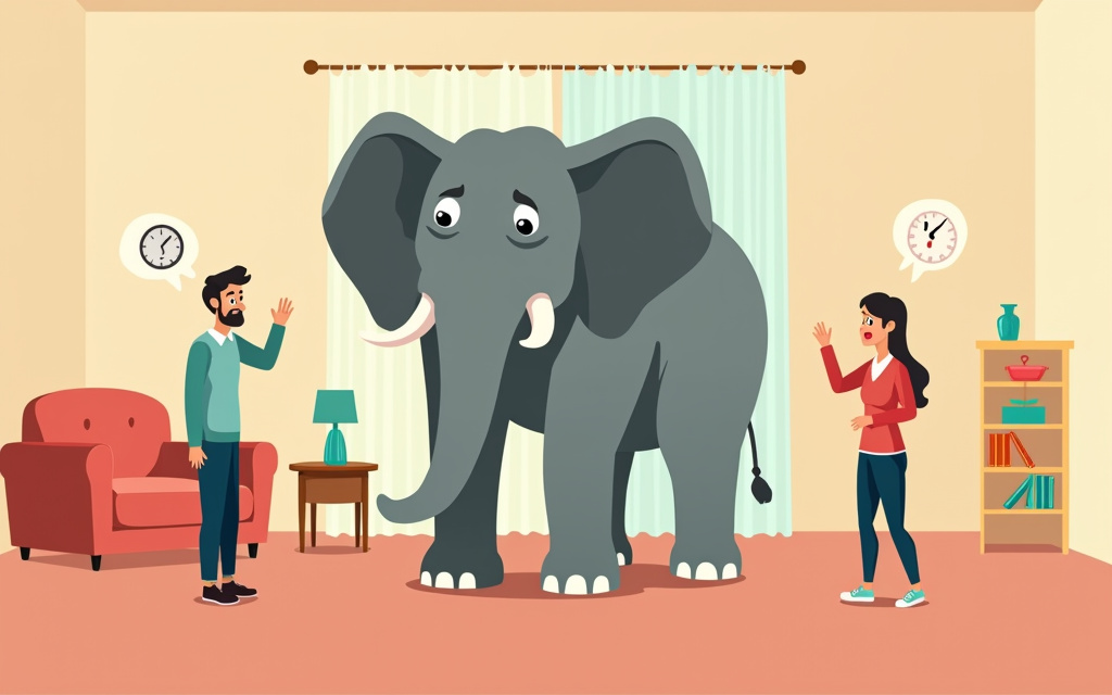 Elephant in a room with confused owners