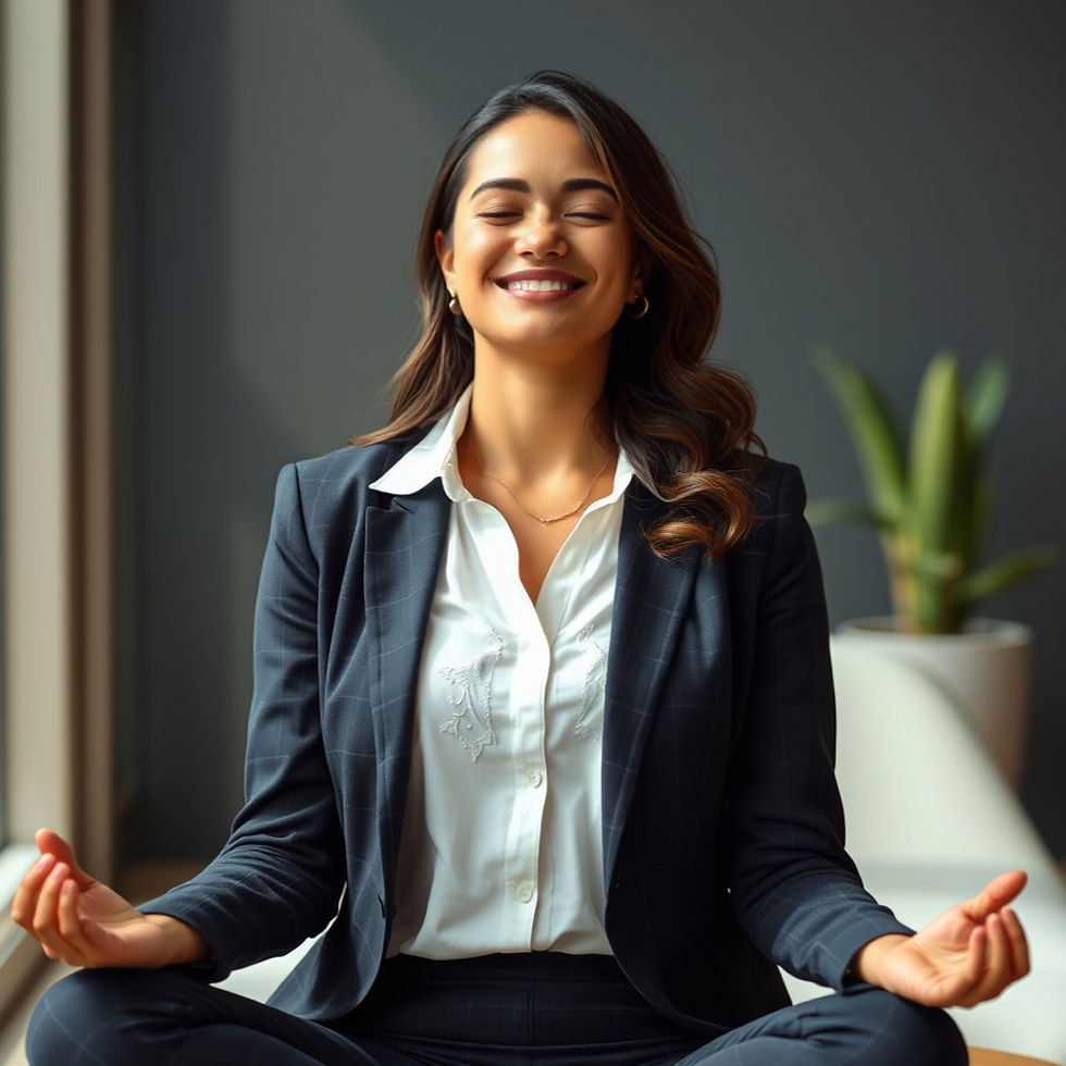 A Picture of a business woman meditating with a smile on their face.jpg