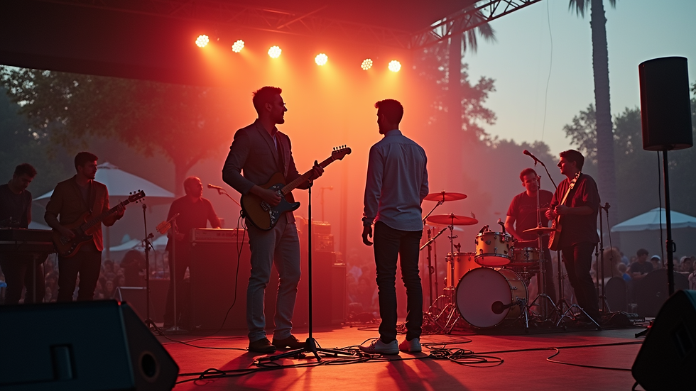 Eye-level view of a live band performing on an outdoor stage