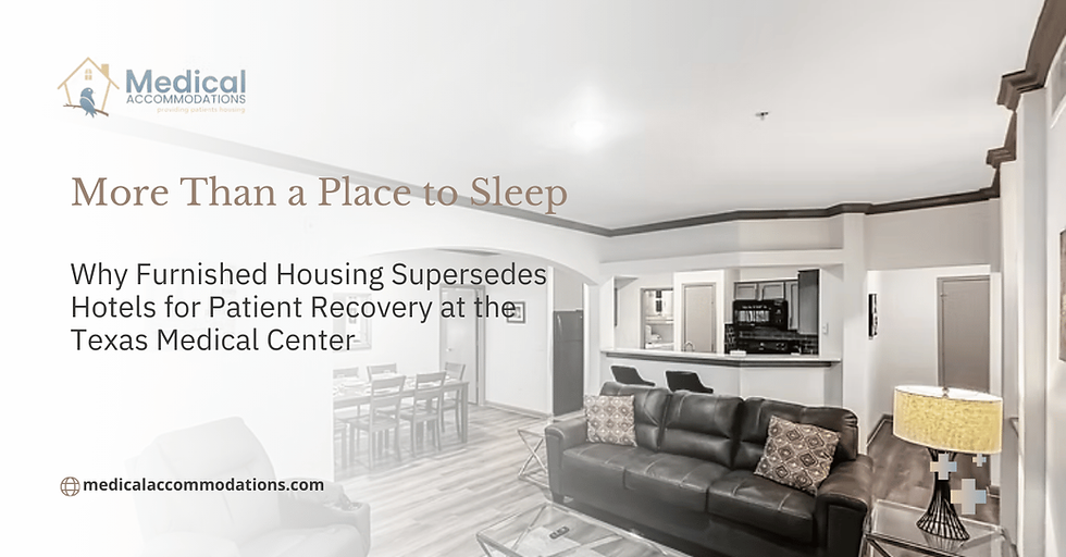 Modern living room with black sofa, patterned cushions, and a lamp. Text reads: More Than a Place to Sleep. Promotes furnished housing.