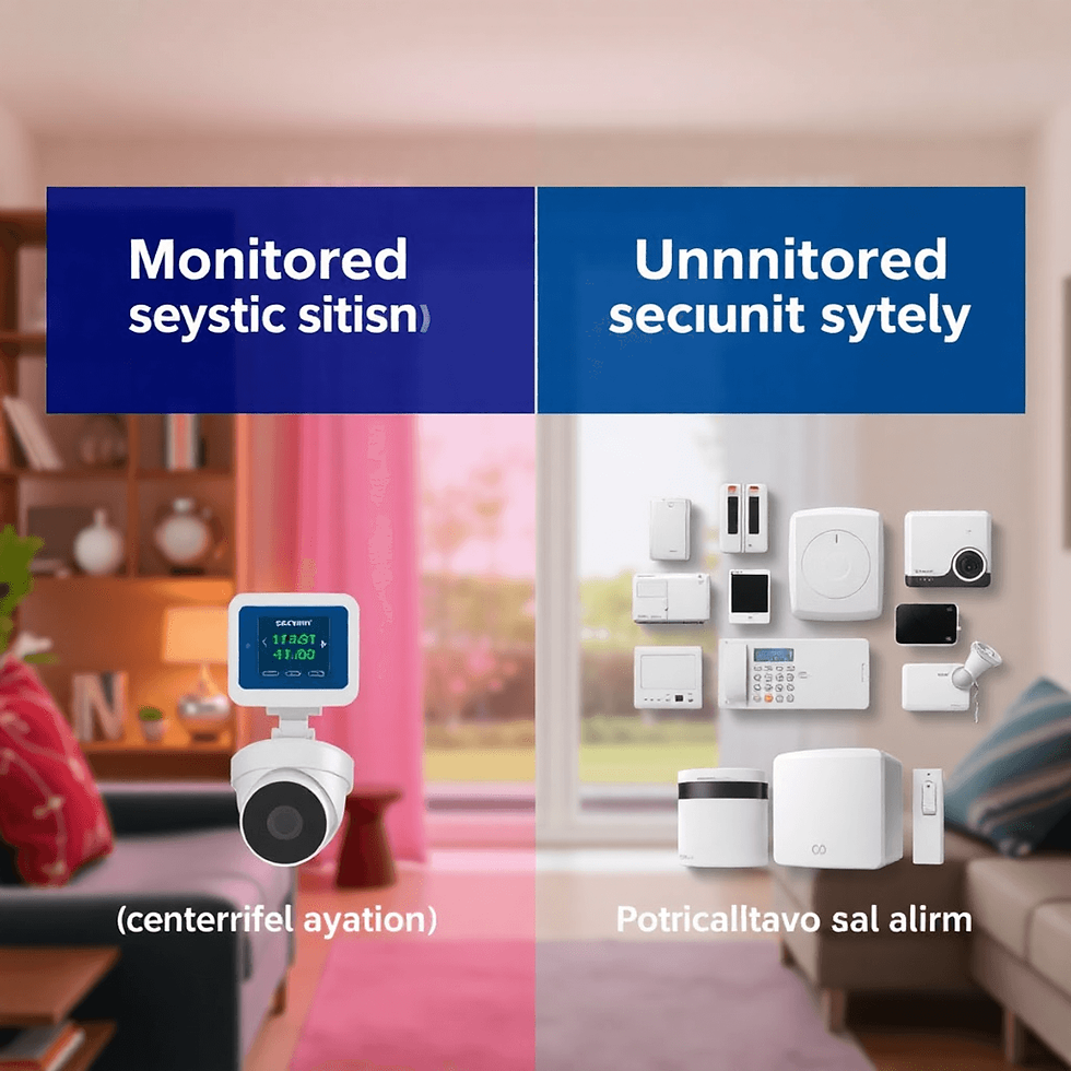 Two security systems compared: monitored and unmonitored. Left shows a camera, right shows multiple devices. Living room setting, modern decor.