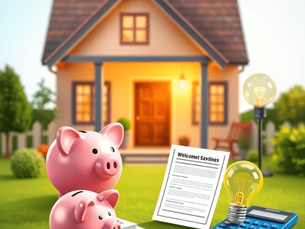 Two pink piggy banks, a blue calculator with a light bulb, and papers on grass in front of a cozy house. Text reads "Welcome to Savings."