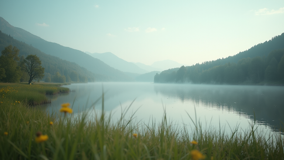 Eye-level view of a serene natural landscape with a calm lake