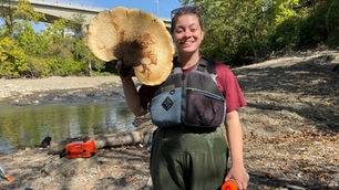 Savannah Sharp holding a Dryad's Saddle Mushroom