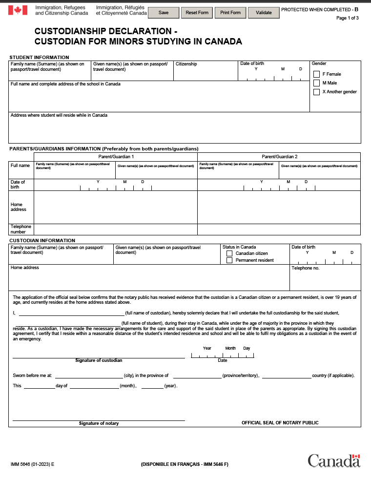 Custodianship Declaration Form (IMM5646) for Minors Studying in Canada, outlining student, parent, and custodian details