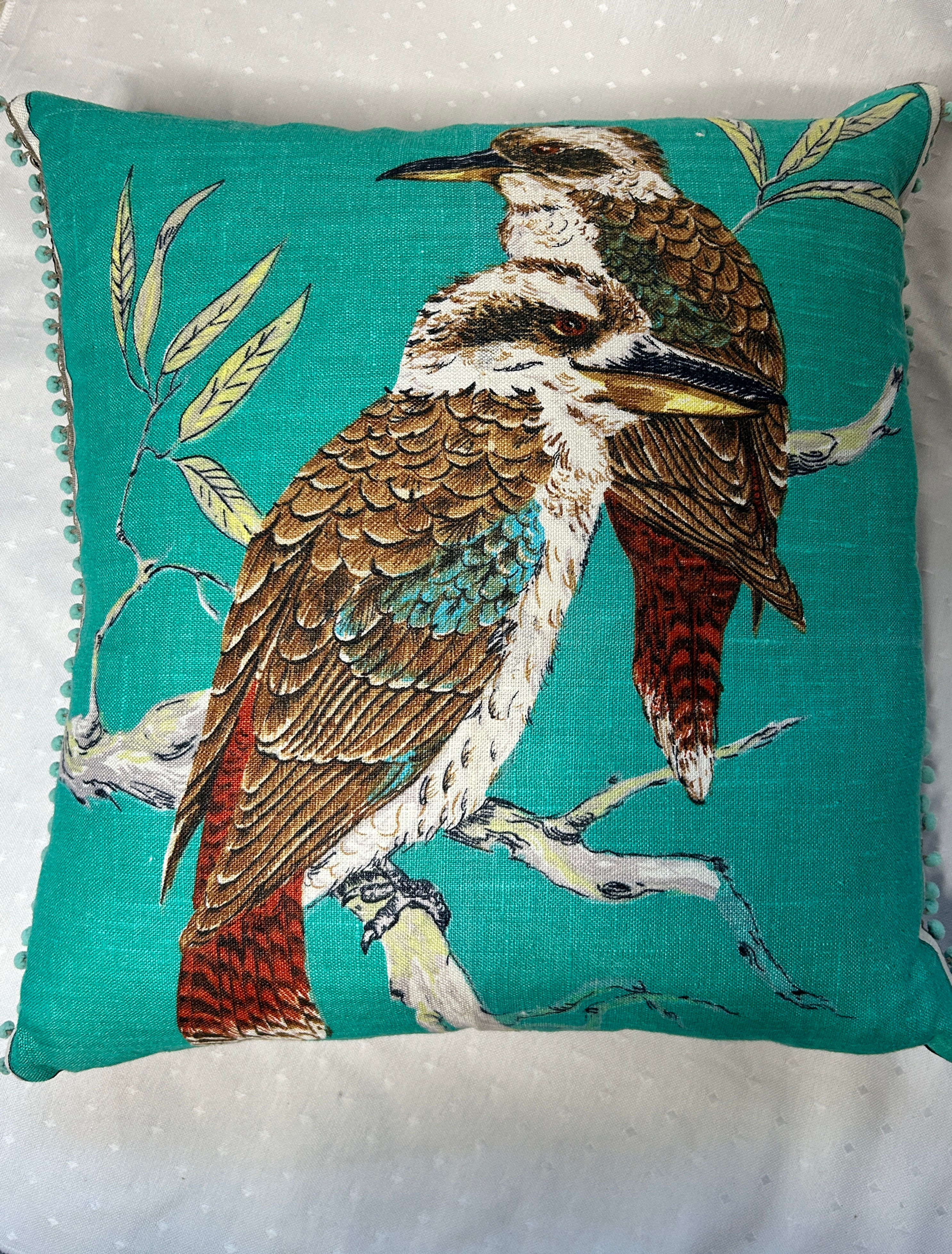 Kookaburra Linen Cushion -jade