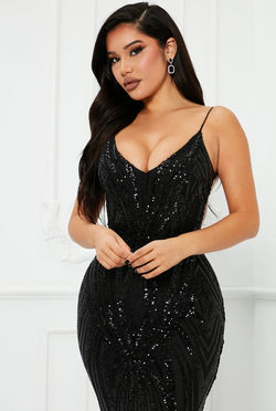 Vestido Negro Brocado Lentejuela