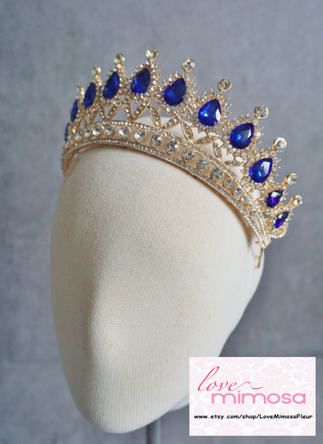 Gold & Royal Blue Rhinestone Crystal tiara, C118B | Love Mimosa Fleur