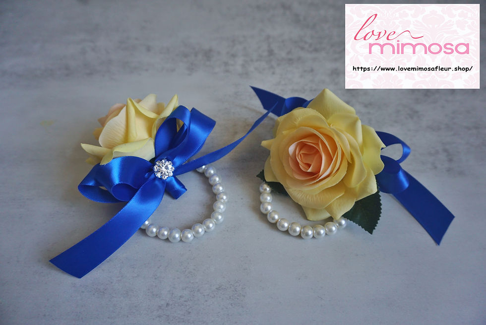 Thumbnail: Soft Yellow Rose with Royal Blue Ribbon Wrist Corsage