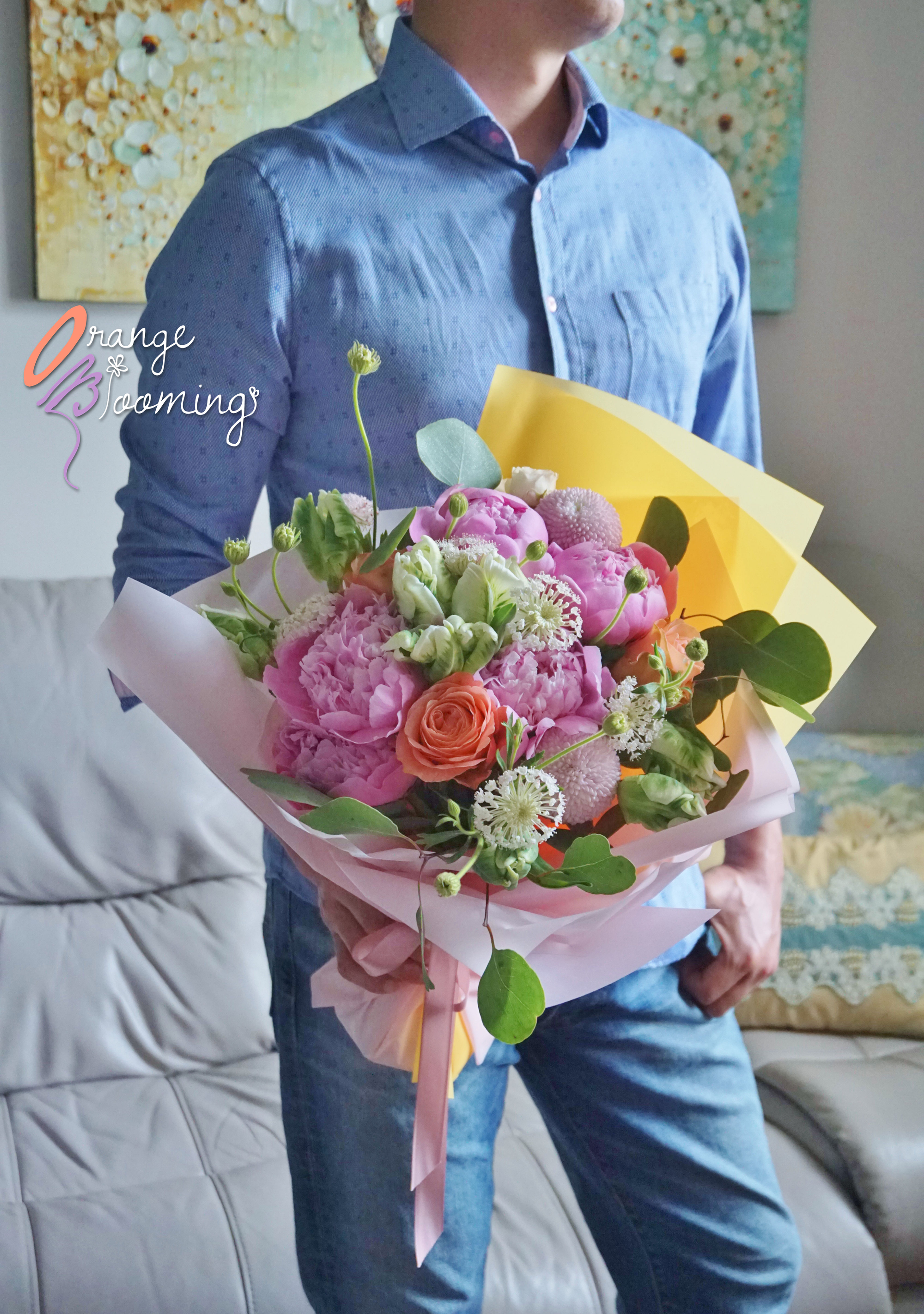 Mother's Day- Pink Peonies Orange Rose Bouquet