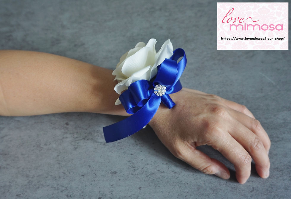 Thumbnail: Ivory Rose Royal Blue Ribbon Wrist Corsage