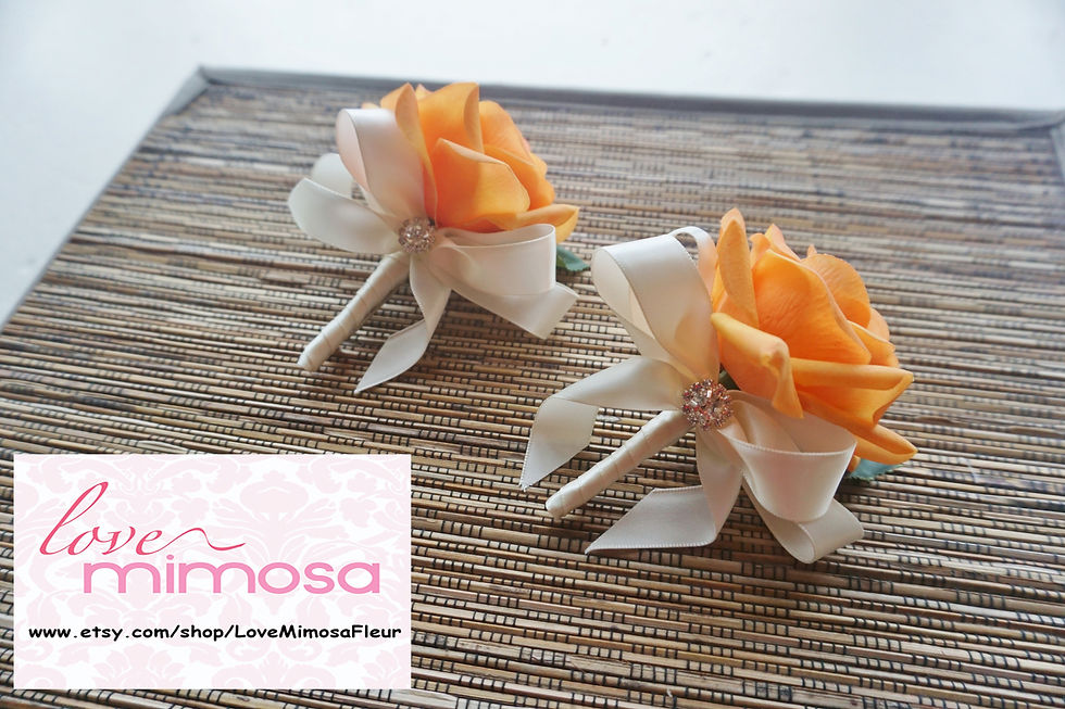 Thumbnail: Coral Rose Ivory Ribbon Bow Boutonniere, Silk Flower