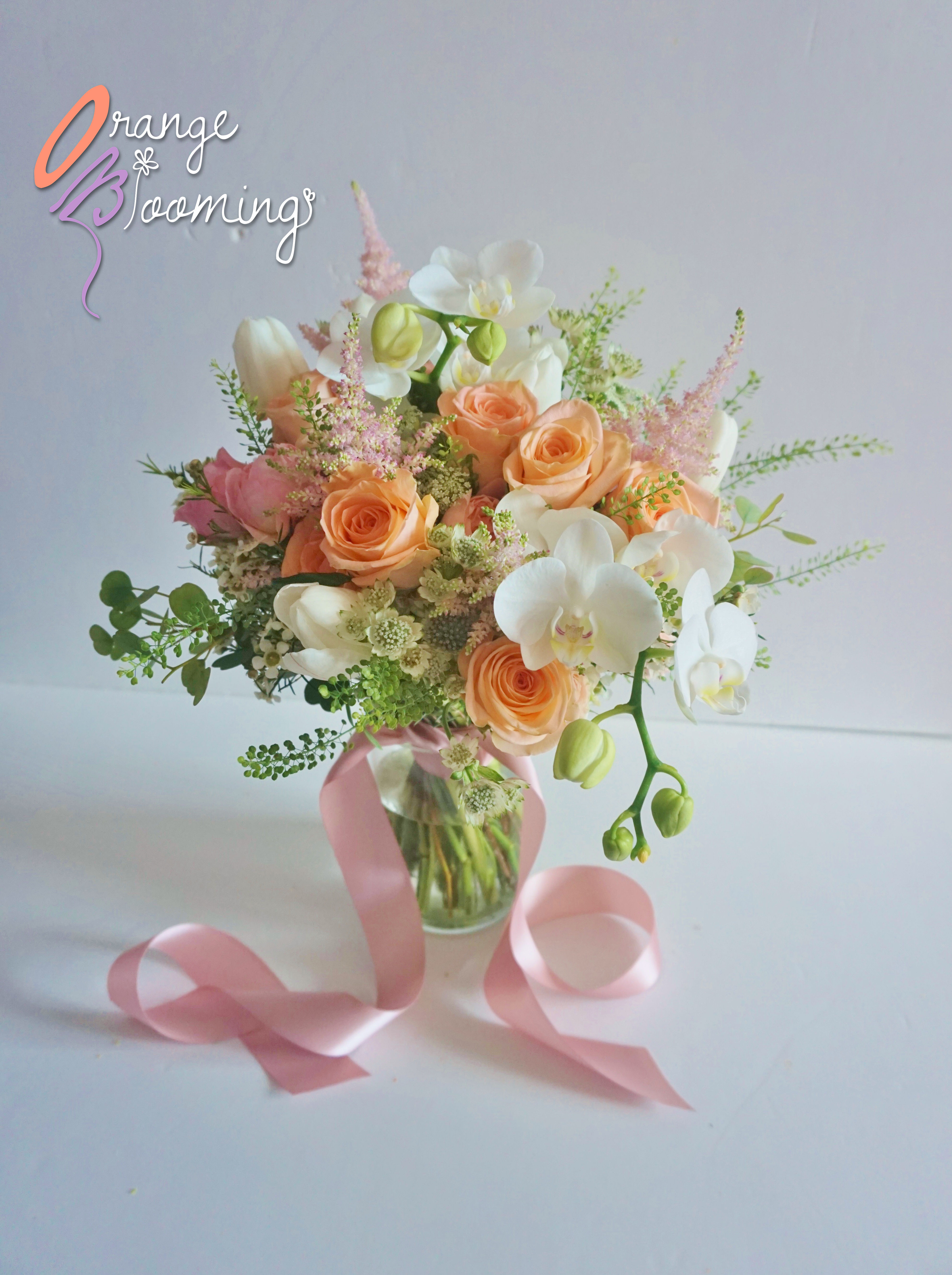 Orange Rose & White Orchid Bridal Bouquet 結婚花球