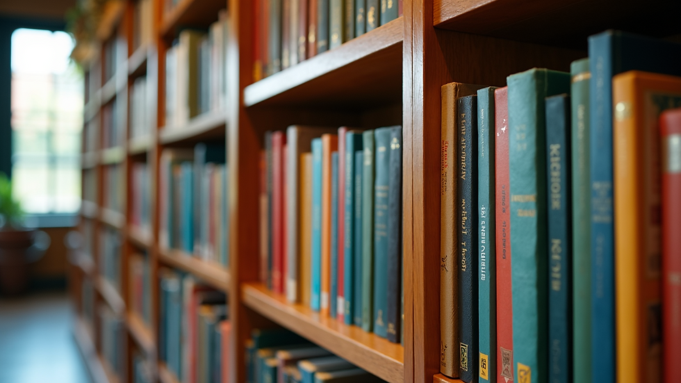 Wide angle view of a vibrant bookshelf filled with finished, colorful books