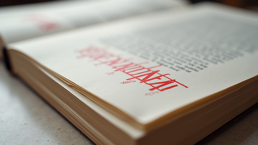Close-up view of a stack of manuscript pages with red editing marks