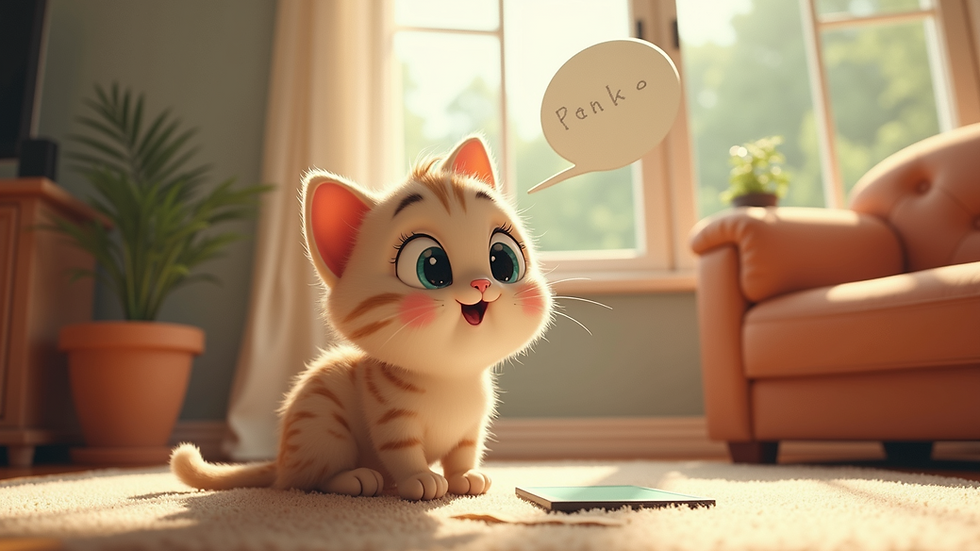 Eye-level view of a whimsical cartoon drawing of a talking cat in a cozy living room