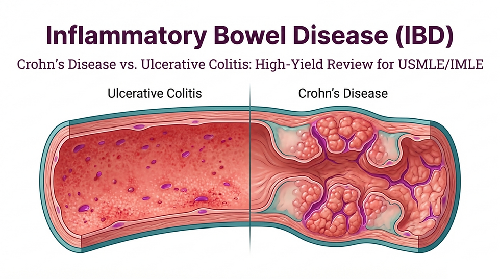 Cross-section image of intestines, comparing Ulcerative Colitis with Crohn's Disease. Red inflamed tissue, purple labels, medical context.