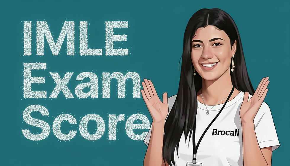 Smiling woman in a white "Brocal" shirt raises hands. Sparkling text reads "IMLE Exam Score" on teal background.