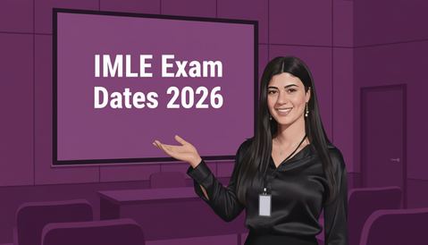 Woman in black called arin khuri points to screen displaying "IMLE Exam Dates 2026" in a purple lecture room. She smiles, creating an informative mood.
