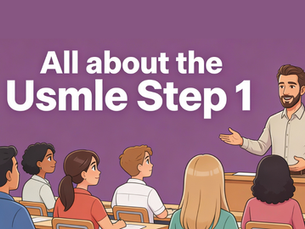 Instructor lecturing diverse students in a classroom with purple background. Text reads "All about the Usmle Step 1." Enthusiastic mood.